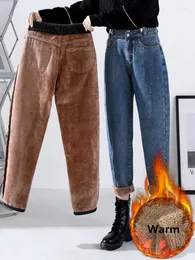 Jeans da donna foderati in peluche invernali spessi e caldi alla caviglia Harem Vaqueros pantaloni casual a vita alta in denim elastico Kot Pantolon coreano