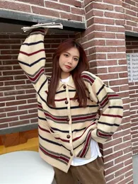 Women's Knits Jmprs High Street Women Striped Knitted Cardigan Korean Long Sleeve Loose Sweater Coat Fashin Buttons Casual Design Female