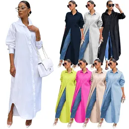 Billiga kläder 2023 Kvinnor klänning solid skjorta krage långa ärmar blusklänningar knapp cardigan lång skjorta klänning