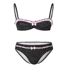 Men's Sissy Lingerie Set Polka Dot Print Bra And Briefs Panties Gay Satin Underwear Nightwear Men Erotic Crossdressing Costum240A