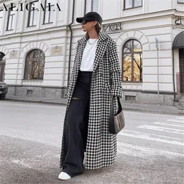 Women's Trench Coats Houndstooth Print Long Coat High Street Elegant Double Breasted Black White Plaid Outerwear Fall Winter 2023