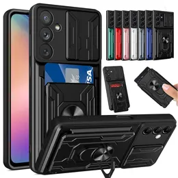 Heavy Duty Slide Camera Protection Cases Wallet Card Slot Armor Stand For Samsung S22 Plus Ultra A02S A03S A13 A23 A33 A53 A73 A04S A04 A03 Core A12 A22 A32 A52 A72