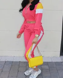 Women's Two Piece Pants Two Piece Sets Outifits Spring Fashion Colorblock Insert Zipper Turn-Down Collar Long Sleeve Crop Top Casual Pant Sets 230831