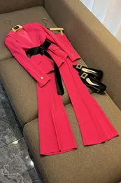 2023 Autumn Hot Pink Solid Color Two Piece Pants Set Long Sleeve Notched-Lapel Belted Blazers Top Flare Trousers Pants Suits Set Two Piece Suits O3G302585