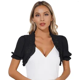 Damenblusen, Damen-Cardigan aus Chiffon mit Blumenstickerei, Rüschen, kurzärmelig, vorne offen, abgeschnittener Bolero, eleganter, gerüschter Achselzucken, Cove-Ups-Crop