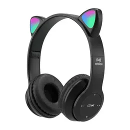 P47M trådlös Bluetooth -hörlurar Söta katthörlurar Ear Audio Stereo Sports Gaming Headset med Mic LED -lampor Girl Earphone