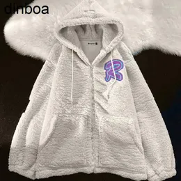 Kvinnors hoodies Dinboa-2023 Y2K ull huva kvinnor dragkedja jackor par tjockare fleece bf fuzzy harajuku vinter varma bokstaven tryck på baggy