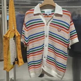 Men's Sweaters High Street Men Women Casablanca Sweater Rainbow Stripe Hollow Out Short Sleeve Tops Casa Knitted Shirts 230831