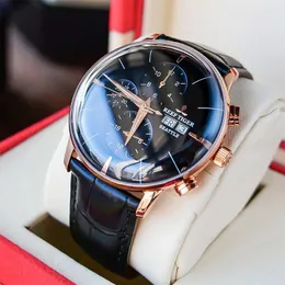 腕時計リーフタイガー/RTラグジュアリードレスウォッチメンマルチ機能ローズゴールドブラウンレザーストラップオートマチックデートデイRGA1699