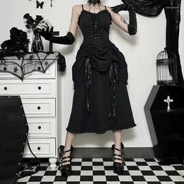 Casual Dresses 2023 Dark Gothic Style Department Imperial Sister Slim DrawString Design Halter Dress Female