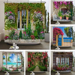 Shower Curtains Flowers Scenery Waterproof Shower Curtains Rural Street Flowers Bathroom Curtains Polyester Fabric Washable Decor Bath Curtains 230831