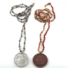 Hänge halsband humörpc mode bohemiska stam smycken 4mm naturliga stenar lång knuten metall disco kvinnor halsband