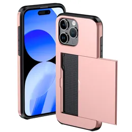 SGPハイブリッドスライドカードホルダー電話ケースiPhone 14 Pro 15 13 12 11 Pro Max Xr XS X 7 8 Plus Hard Back Funda Conque