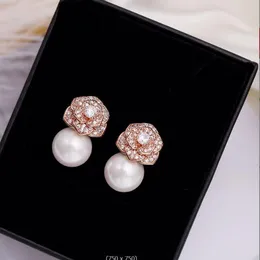 925 Silver Diamond Zircon Camillia Flower Pearl Earrings for Woman Girls Super Glittering Ins Luxury Crystal Jewelry