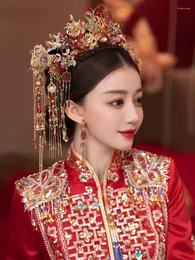 Fermagli per capelli Cinese Xiuhe Bastone rosso Copricapo classico Pianta Sposa Costume Phoenix Nappa Gioielli Ornamento Accessori da sposa Moda