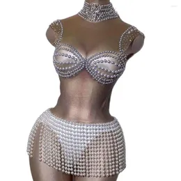 Stage Wear Rhinestones Decoration Pearl Embellished Beaded Tassel Bodysuit Sleeveless Bar Dance Clothing Theatrical Costume For Women