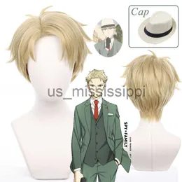 Cosplay peruks anime spion x familj loid forgare cosplay peruk ljus blond kort värmebeständigt hår any forgare far peruk peruk cap hatt x0901