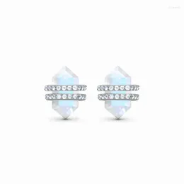 Stud Earrings Hanhao 925 Sterling Silver With Six-prong Brick Moonstone - Special Design A Sense Of Style For Women