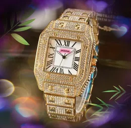Влюбленные квадратные римские танк -циферблаты часы часы роскошные модные хрустальные бриллианты кольцо мужские женщины кварцевые батарея супер полная льда из розового золота браслетовые часы браслета
