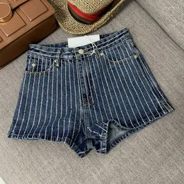 Women's Jeans Vertical Stripe Drilling Women Shorts 2023 Rhinestone High Waist Straight Pants Shiny Diamonds Wide Leg Denim