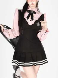 Summer Pink Sweet Kawaii Dres långärmad koreansk elegant miniklänning kvinnlig college stil falsk två bit ny 230808