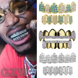 Grillz 18k Real Gold Vampire Denti Fang Punk Hip Hop Cz Cubic Zircon Poker Letters ghiacciato Diamond Grills Braces Cap dente Rapper Gioielli per cosplay Halloween Party