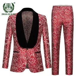 Erkekler Trailtsits Jacquard Takımlar Erkekler İçin Baskı Gül Takım Kırış Mens Takım Moda Partisi Düğün Traend Erkek Elbise Takım Kostüm Homme 2 Pieces 230831