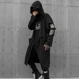 Herrgravrockar släpper masculino manga comprida oco out punk hip hop capuz trench coat cinto homem casaco longo 230831