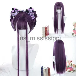 Cosplay Peruki Lanlan Long Prostą Purple Perukę z grzywką syntetyczne peruki włosów Bang z peruką dla kobiet Lolita Anime Cosplay odporne na ciepło peruki x0901