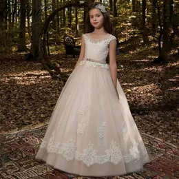 Vestidos de menina flor vestido rosa fofo tule renda sem costas casamento adorável criança primeiro presente de festa de aniversário eucarístico