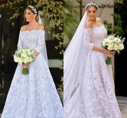 Vintage Lace A Line Wedding Dresses Bateau Neck Half Sleeves Long Elegant Bridal Gowns Court Train Lace-up Plus Size Bride Dress