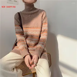 Kvinnors tröjor 2023 Autumn Winter Women Sweater Vintage Turtleneck Pullovers Sticked Floral Korean Style Oversize Elegant Lady Jumper