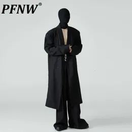 Мужские траншевые пальто pfnw темная одежда осень зимняя зима Vneck Punk Nice Design Пехота с легкой длиной готической ветры на высокой улице 12Z4365 230831