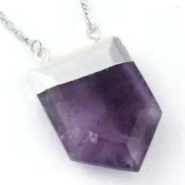 Hänghalsband Amethyster Stone Silver Plated Shield Polygon Green Aventurine Necklace Link Chain Jewelry