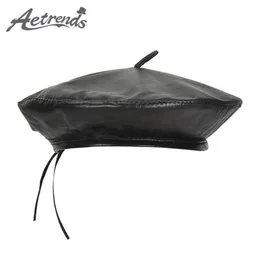 AETRENDS Women's Berets Black Real Sheepskin Leather Beret Hats for Women Waterproof Flat Artist Hat Z-10100226x