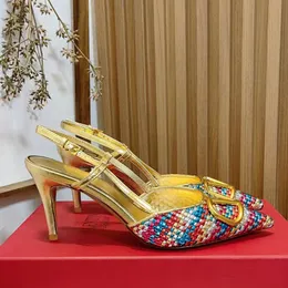 Fivela de hardware apontou dedos vestido sapatos de couro genuíno stiletto slingback bombas festa feminina sapatos de noite designers de luxo sandálias de salto alto calçado de fábrica