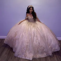 كرات الشمبانيا ثوب Quinceanera فساتين الذهب زين الدانتيل بالخرز الكريستال قبالة الكتف الحلو 16 فستان Vestidos de 15 Anos