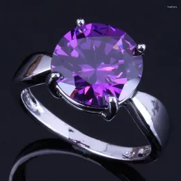 Cluster Rings Outstanding Round Purple Cubic Zirconia Silver Plated Ring V0440