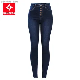 Jeans da donna 2141 Youaxon Nuovi jeans caldi a vita alta per le donne Pantaloni skinny in denim elasticizzati con bottoni blu scuro Q230901