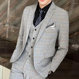 Herrdräkter 2023 Fashion Casual Slim Plaid Suit Coat Three Piece Set / Business Boutique Wedding Blazers Jacket Pants Vest