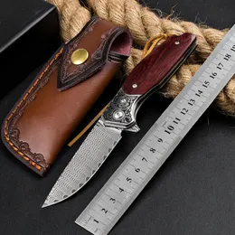 1Pcs H8244 Flipper Folding Knife VG10 Damascus Steel Drop Point Blade Rosewood Handle Outdoor Camping Hiking EDC Pocket Folder Knives with Leather Sheath
