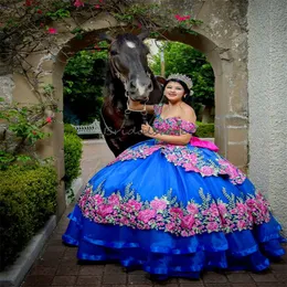 Blue Mexican Flower Quinceanera Dress Vestidos De 15 Quinceanera Corset xv anos Charro Plus Size Birthday Party Gowns Prom Para Vestidos Debutantes Masquerade