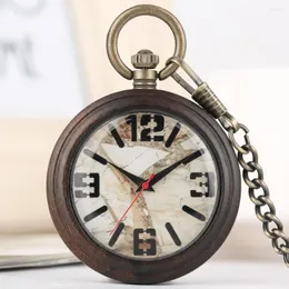懐中時計クラシックエボニー木製ケースメンズクォーツ時計茶色の大理石の表面ダイヤル合金ペンダントチェーンギフト