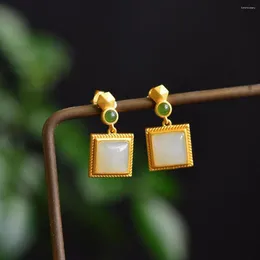 Dangle Earrings S925 Silver Inlaid Hetian Jade White Jasper Ladies Gold Plated Retro Fashion Ear Stud Earring Rings