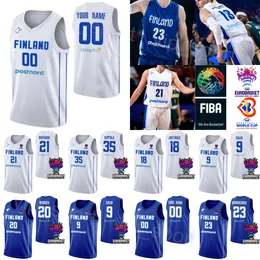 Drucken Finnland Basketball-Trikot 2023 Weltmeisterschaft 19 Elias Valtonen 1 Miro Little 20 Madsen 34 JACOB GRANDISON 35 Ilari Seppala 13 OLIVIER NKAMHOUA Blaue weiße Farbe