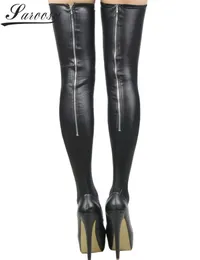 Sexiga strumpor Super Deal Black Leather Stockings Erotic Back Dxhet Kvinnor Lår High Lady Trendy Len Wear With Stay Up Silicone 230901