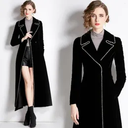 Women's Trench Coats JAMERARY Women Long Maxi Solid Black Pearls Chain Velvet Windbreaker Lady Dresses