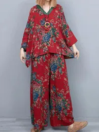 Dwuczęściowe spodnie damskie styl etniczny retro czerwony kwiat bawełniany bieliznowy pullover zestaw dekoltowy zestaw szeroką nogę prosta luźny garnitur