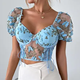 Women's T Shirts Neck Summer Backless Sexy Cropped Top Blouse Yimunancy Boho Bufferfly Embroidery Puff Women V