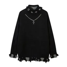 Herrtröjor Turtleneck halsbandsdesigner Tjocka tröjor för kvinnor Y2K Frayed Ripped Vintage Gothic Tops Winter Fashion Eesthetic Clothing 230901